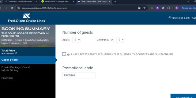 Fred Olsen Cruise Lines checkout page showing Fred Olsen Cruise Lines promo code box | Screenshot taken by SimplyCodes community member on Apr 27, 2025