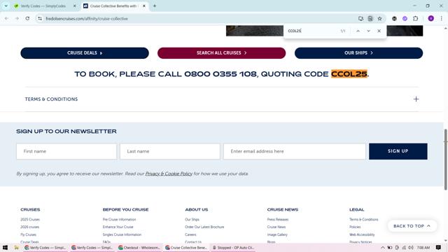 Fred Olsen Cruise Lines checkout page showing Fred Olsen Cruise Lines promo code box | Screenshot taken by SimplyCodes community member on Jul 30, 2025