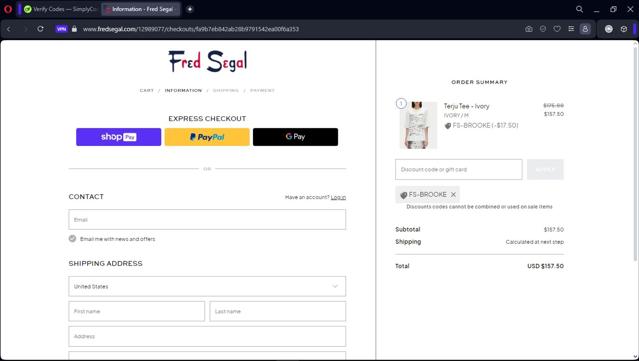 Fred Segal checkout page showing Fred Segal discount code box | Screenshot taken by SimplyCodes community member on Jun 12, 2024