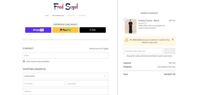 Fred Segal checkout page showing Fred Segal discount code box | Screenshot taken by SimplyCodes community member on May 14, 2024