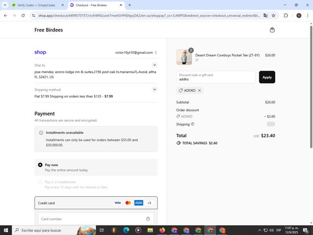 Free Birdees checkout page showing Free Birdees discount code box | Screenshot taken by SimplyCodes community member on Sep 13, 2025