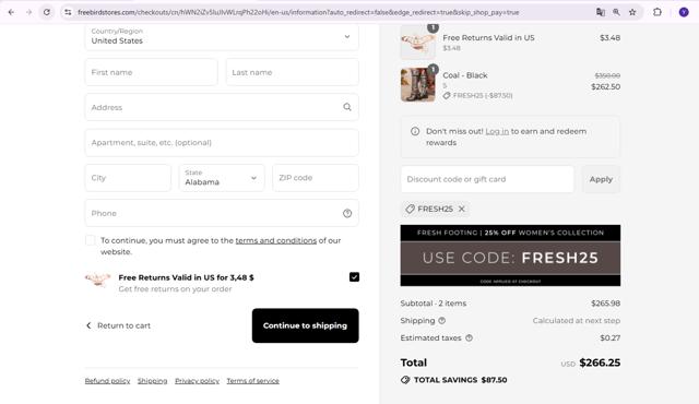 Freebird Stores checkout page showing Freebird Stores promo code box | Screenshot taken by SimplyCodes community member on Sep 7, 2025