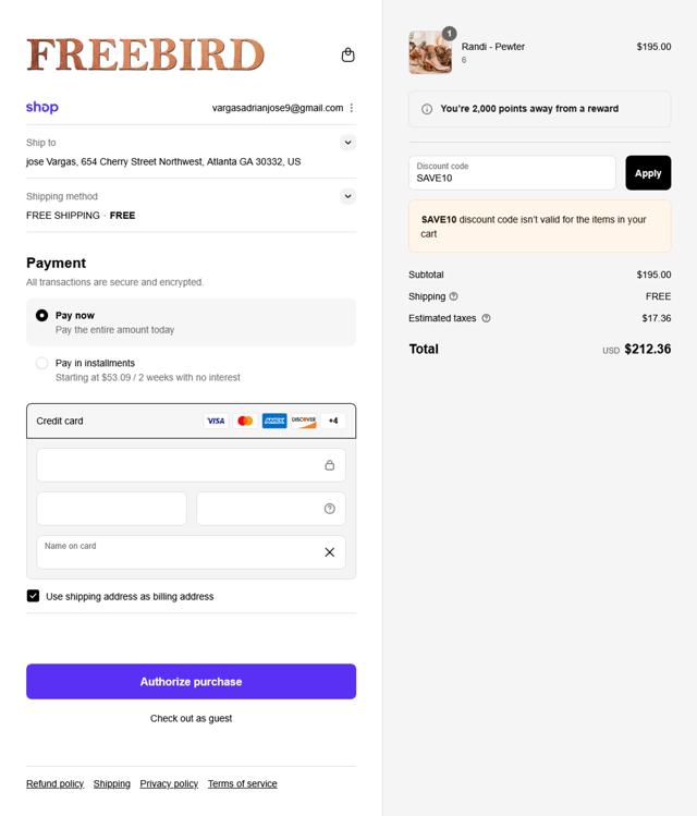 Freebird Stores checkout page showing Freebird Stores promo code box | Screenshot taken by SimplyCodes community member on Sep 3, 2025