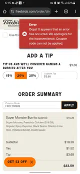 FREEDRINK coupon verification screenshot