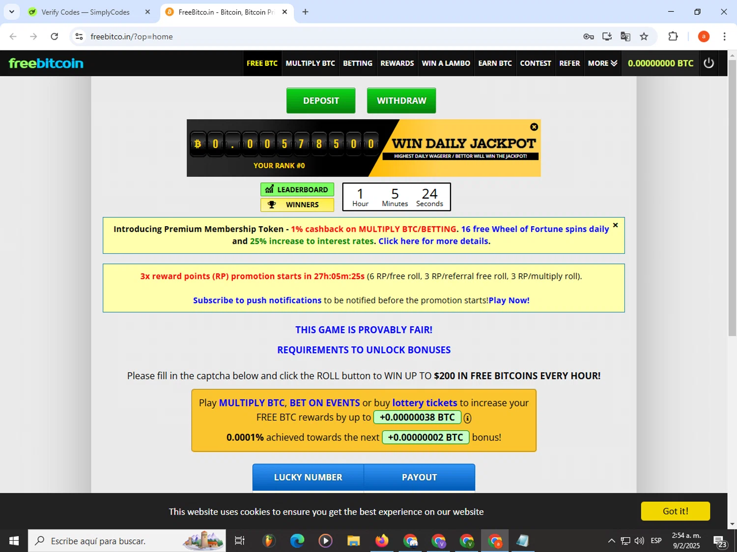 FreeBitco.in checkout page showing FreeBitco.in promo code box | Screenshot taken by SimplyCodes community member on Feb 9, 2025