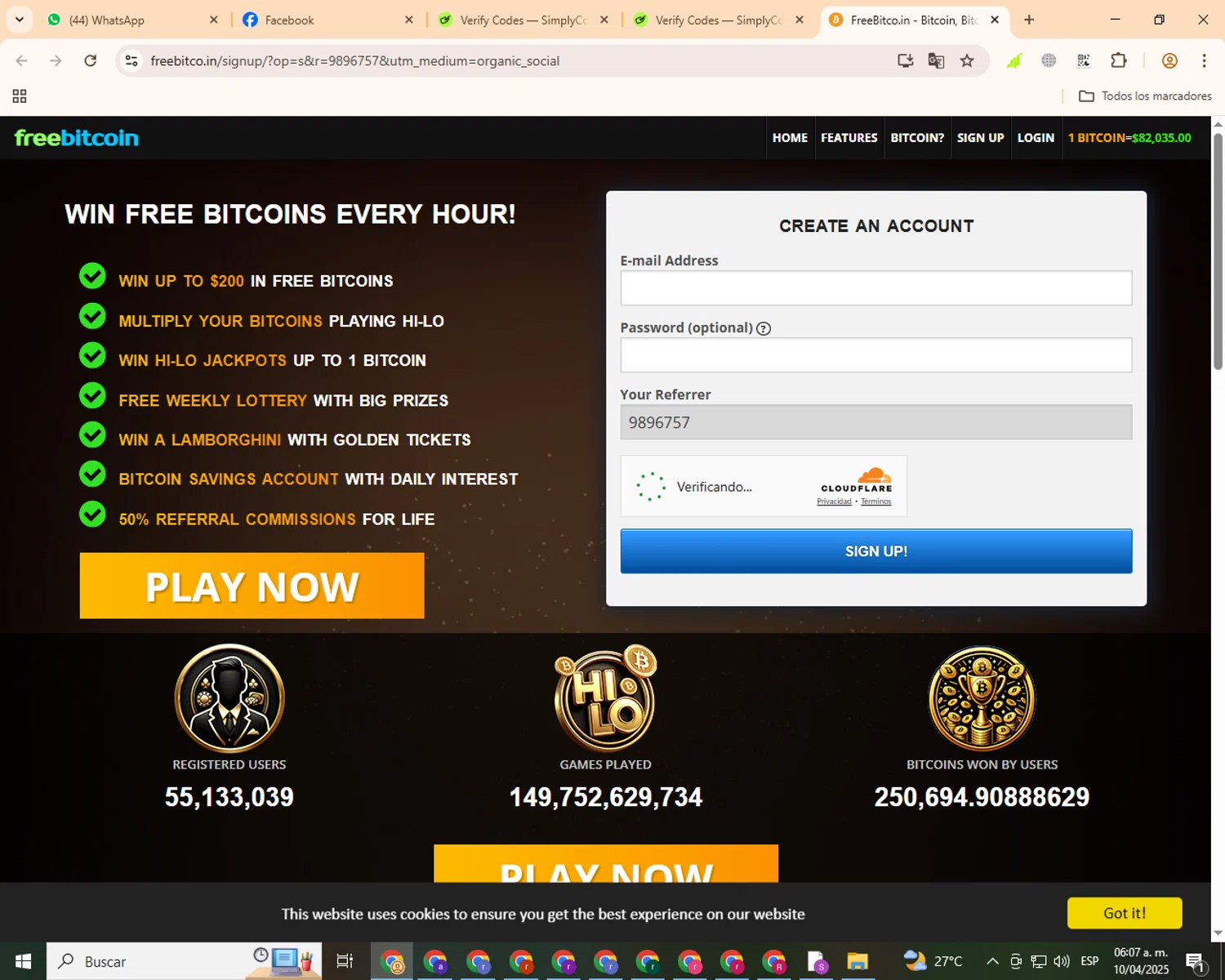 FreeBitco.in checkout page showing FreeBitco.in promo code box | Screenshot taken by SimplyCodes community member on Apr 10, 2025
