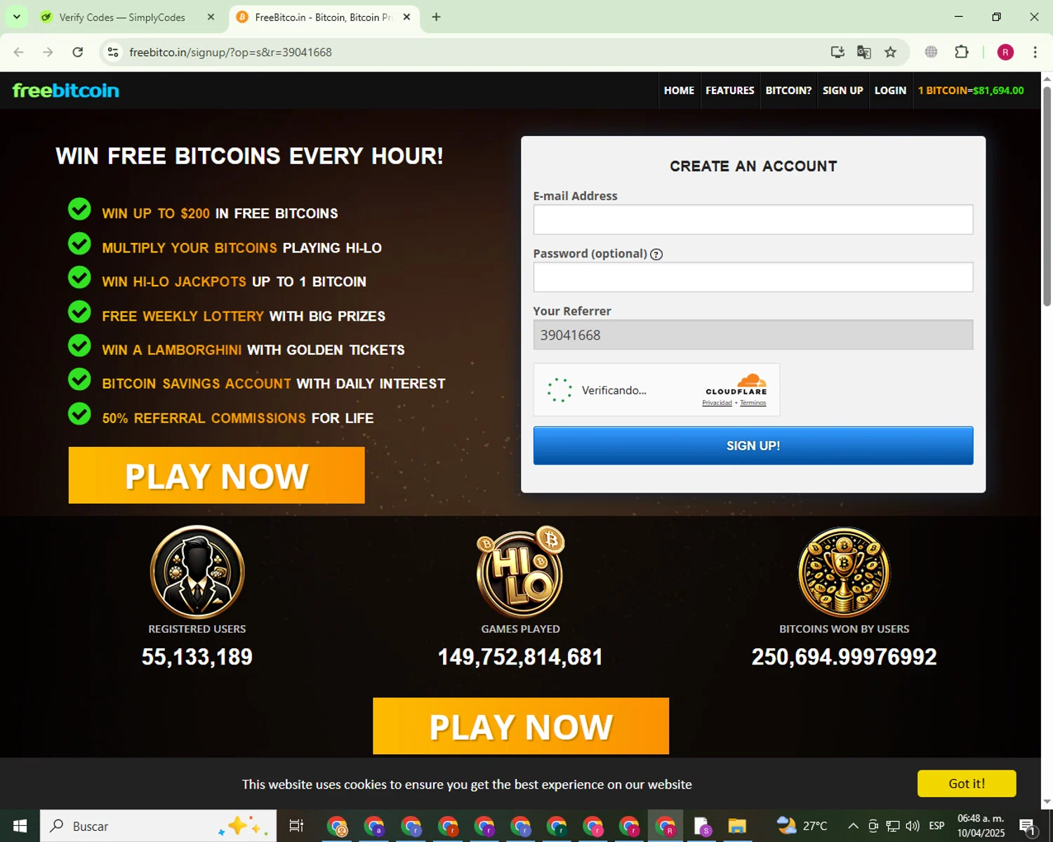 FreeBitco.in promo code screenshot showing code 39041668 applied at FreeBitco.in checkout page. Uploaded by SimplyCodes community member BonusGuardian1649 on Apr 10, 2025