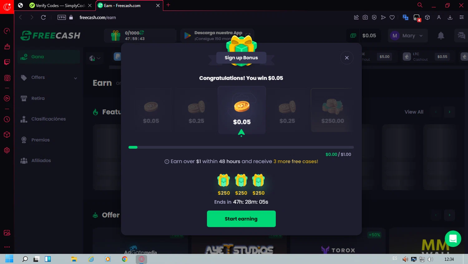 FreeCash checkout page showing FreeCash promo code box | Screenshot taken by SimplyCodes community member on Apr 7, 2024