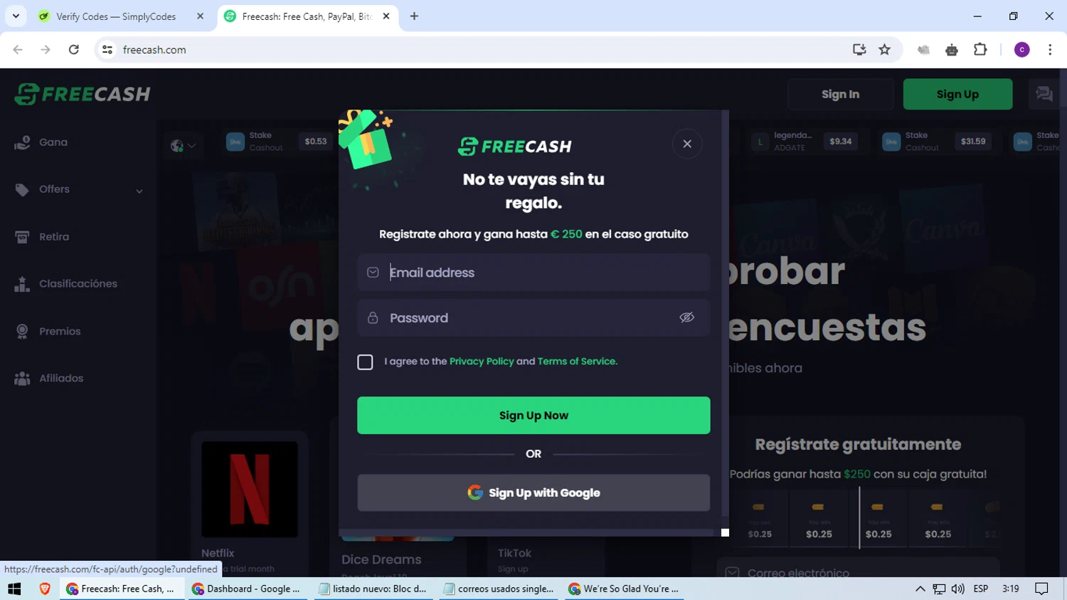 FreeCash checkout page showing FreeCash promo code box | Screenshot taken by SimplyCodes community member on Apr 14, 2024