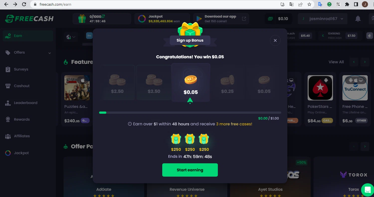 FreeCash checkout page showing FreeCash promo code box | Screenshot taken by SimplyCodes community member on Mar 19, 2024