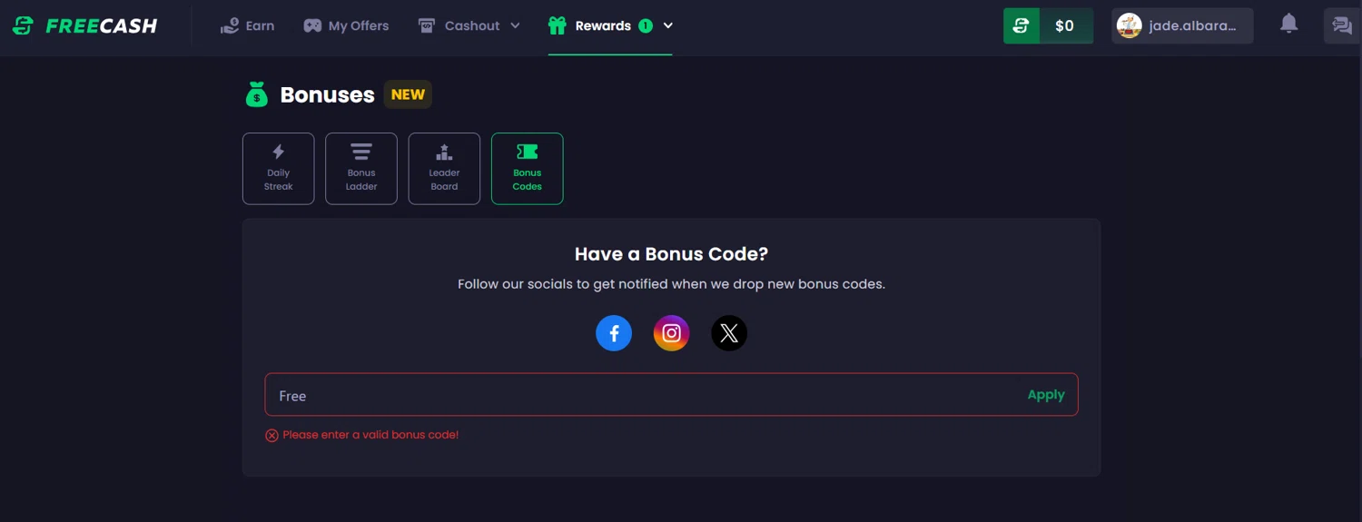 FreeCash promo code screenshot showing code Free applied at FreeCash checkout page. Uploaded by SimplyCodes community member jade5416625024720 on Jul 3, 2025