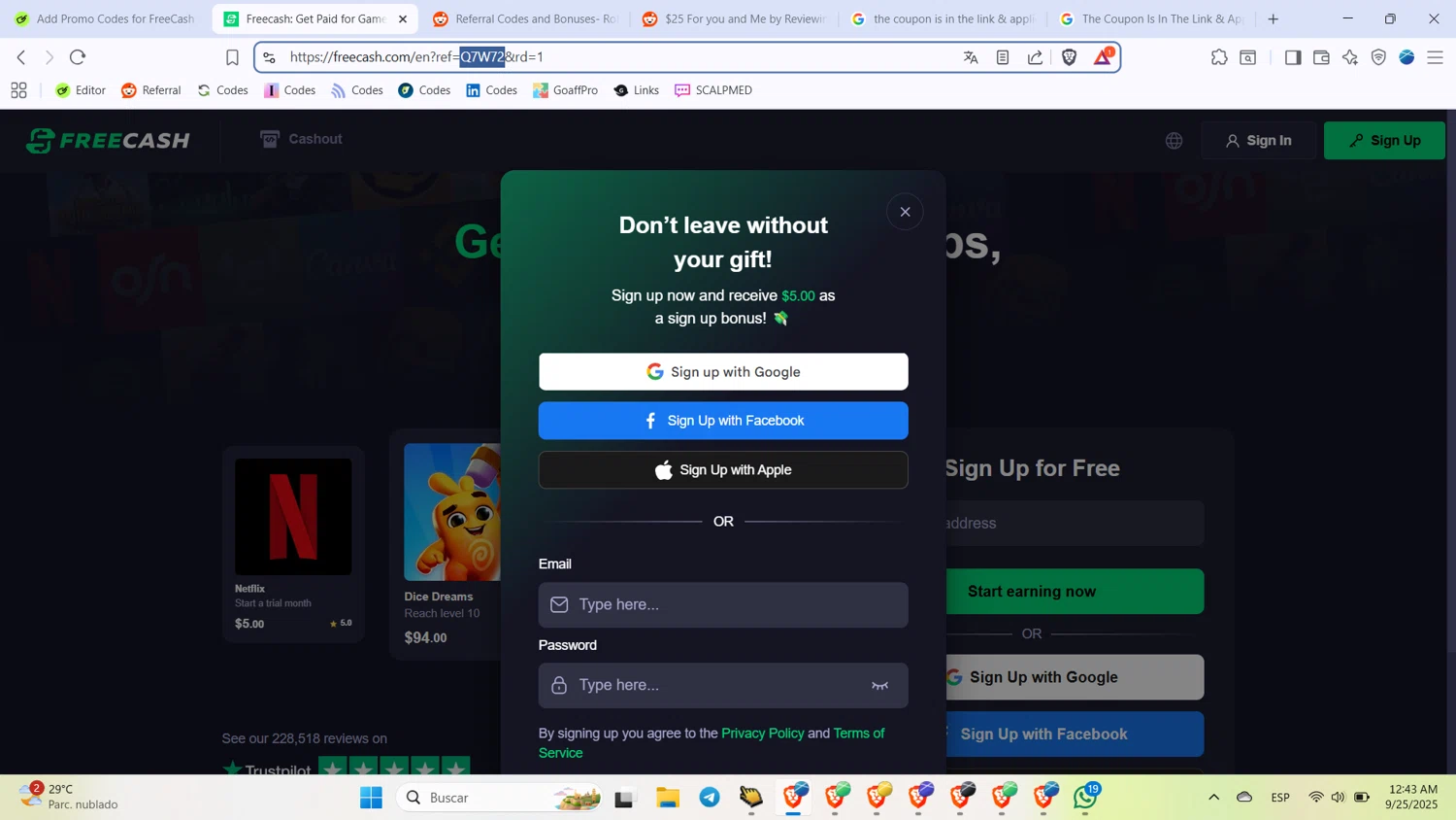 FreeCash promo code screenshot showing code Q7W72 applied at FreeCash checkout page. Uploaded by SimplyCodes community member BabaYaga on Sep 25, 2025