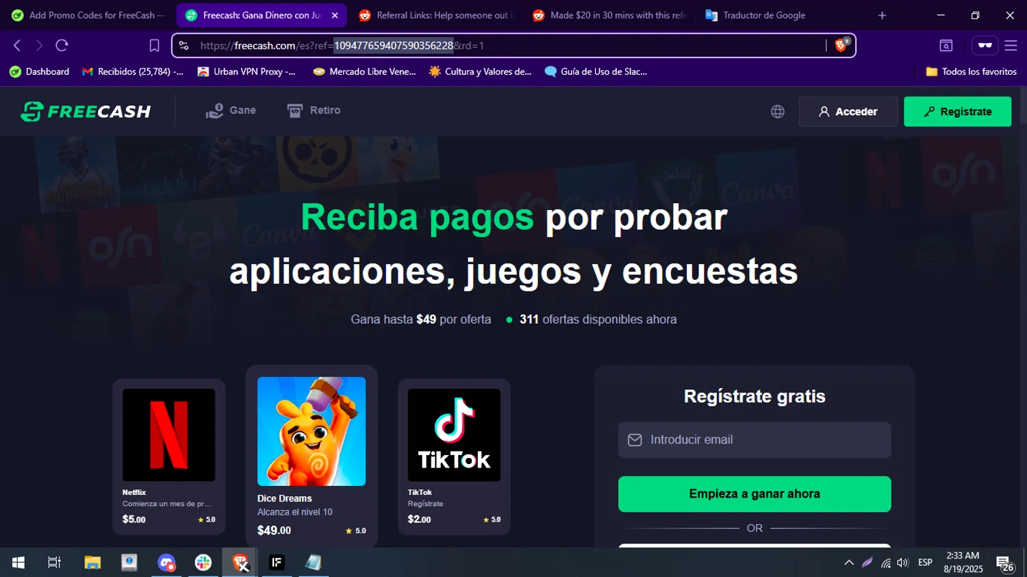 FreeCash promo code screenshot showing code 109477659407590356228 applied at FreeCash checkout page. Uploaded by SimplyCodes community member BabaYaga on Aug 19, 2025