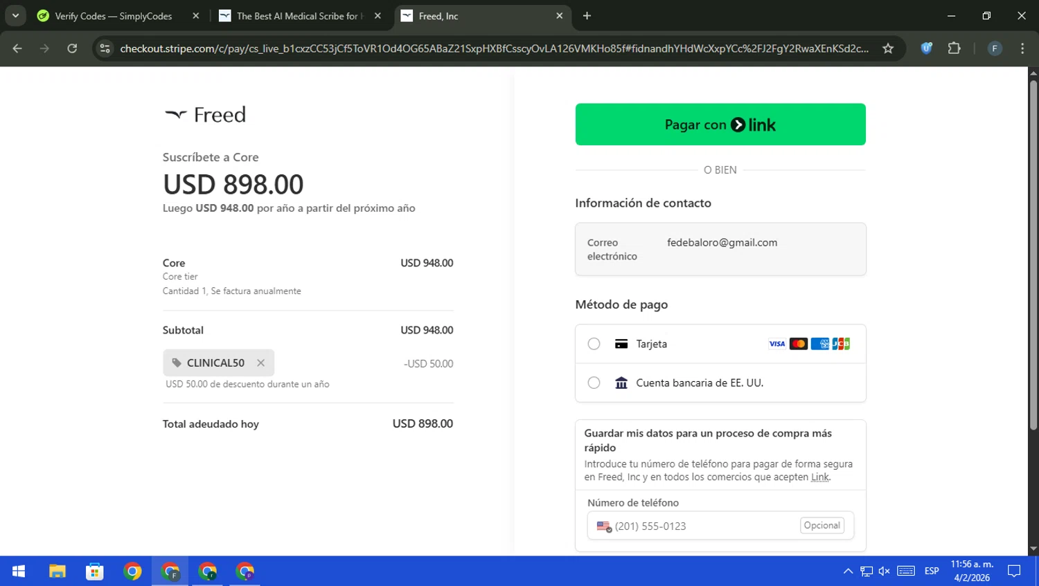 Freed checkout page showing Freed discount code box | Screenshot taken by SimplyCodes community member on Feb 4, 2026