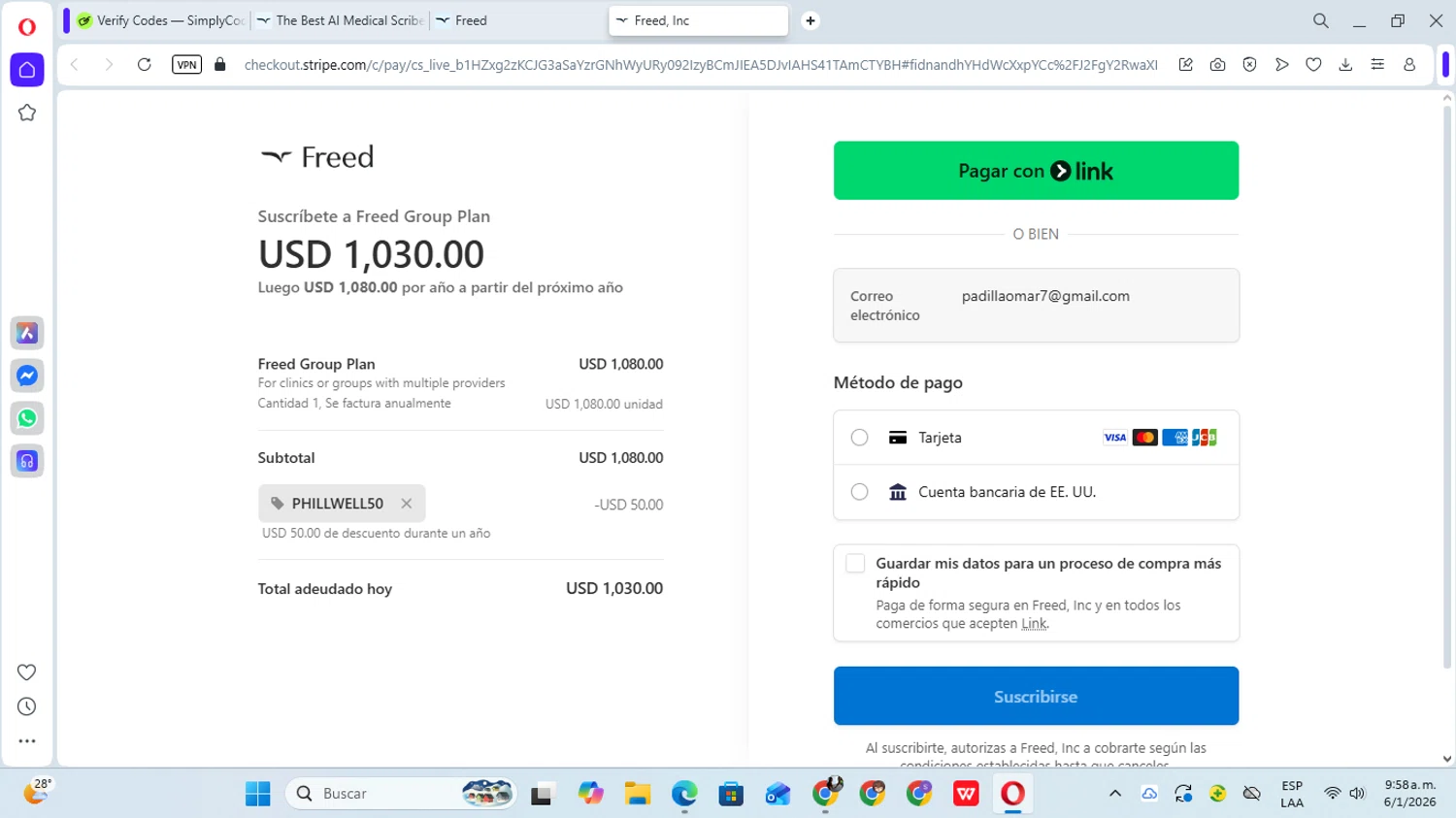 Freed discount code screenshot showing code PHILLWELL50 applied at Freed checkout page. Uploaded by SimplyCodes community member YunoMaria on Jan 6, 2026