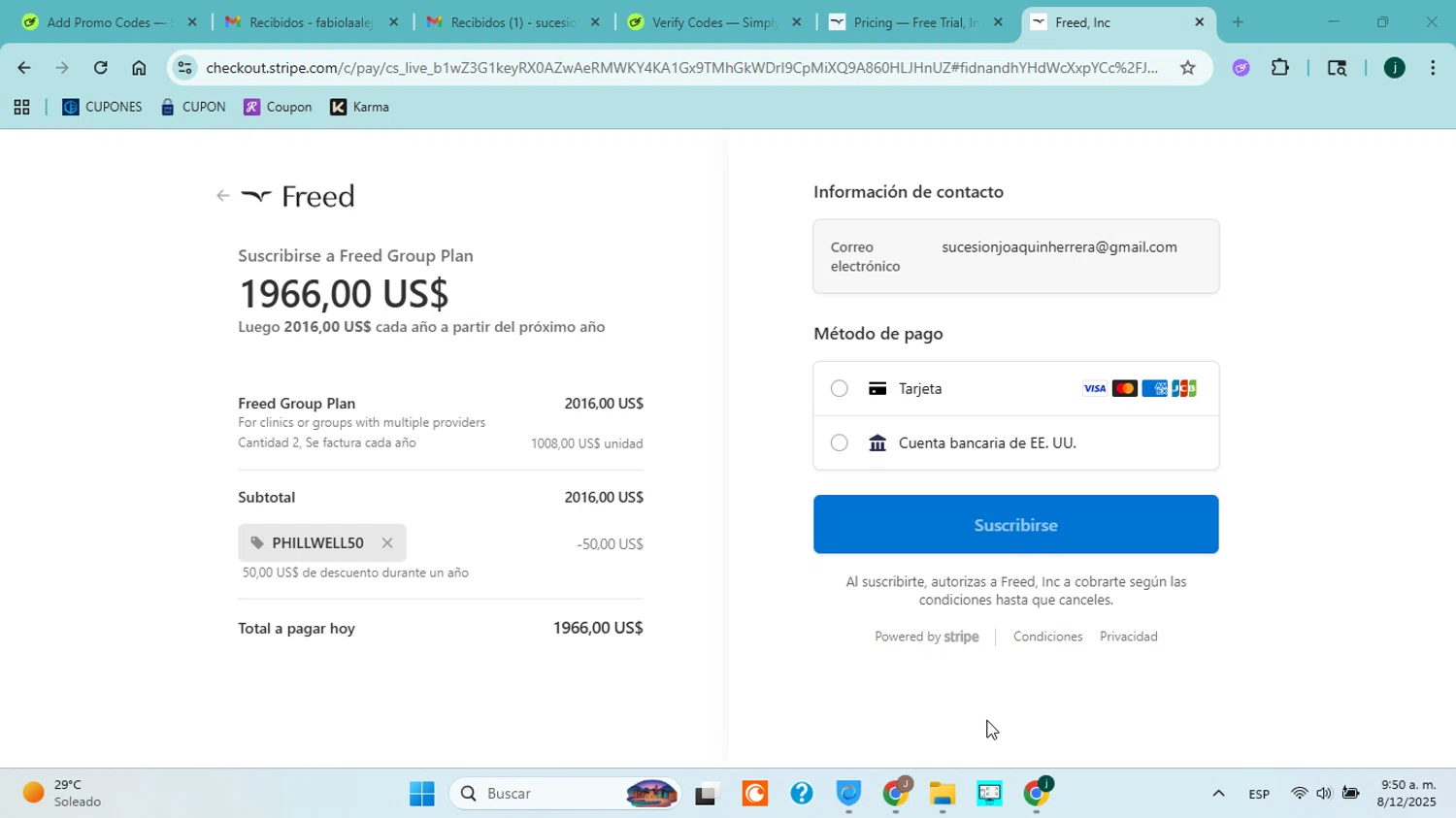 Freed discount code screenshot showing code PHILLWELL50 applied at Freed checkout page. Uploaded by SimplyCodes community member jorgejavierherrera on Dec 8, 2025
