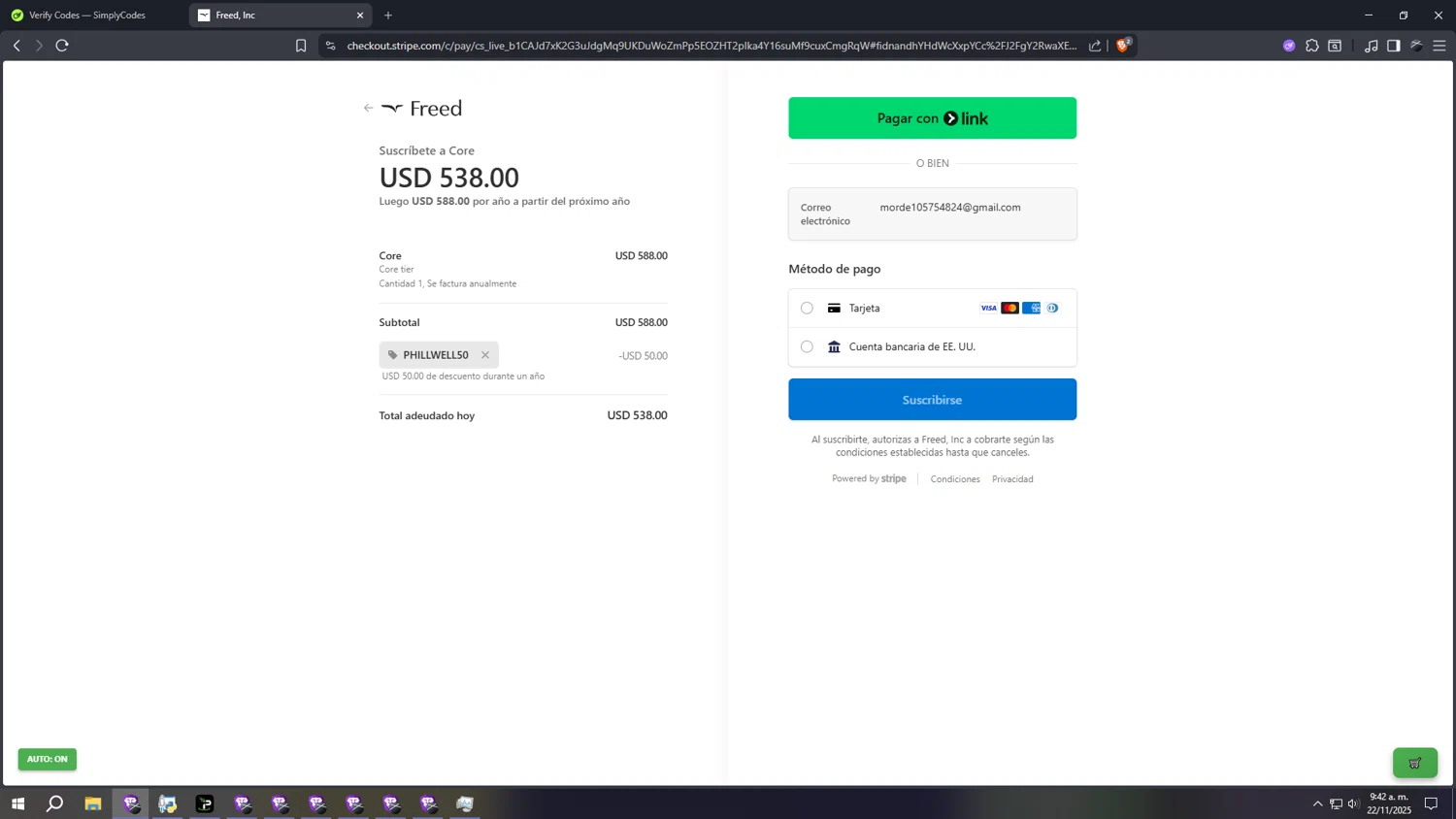 Freed discount code screenshot showing code PHILLWELL50 applied at Freed checkout page. Uploaded by SimplyCodes community member aaaaaaaaaaaaaaaa on Nov 22, 2025