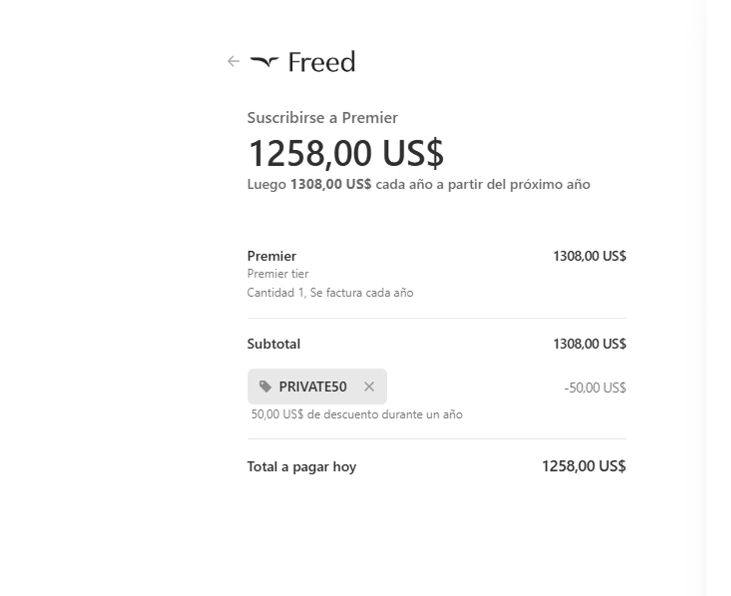 Freed discount code screenshot showing code PRIVATE50 applied at Freed checkout page. Uploaded by SimplyCodes community member yeresojperez on Nov 26, 2025