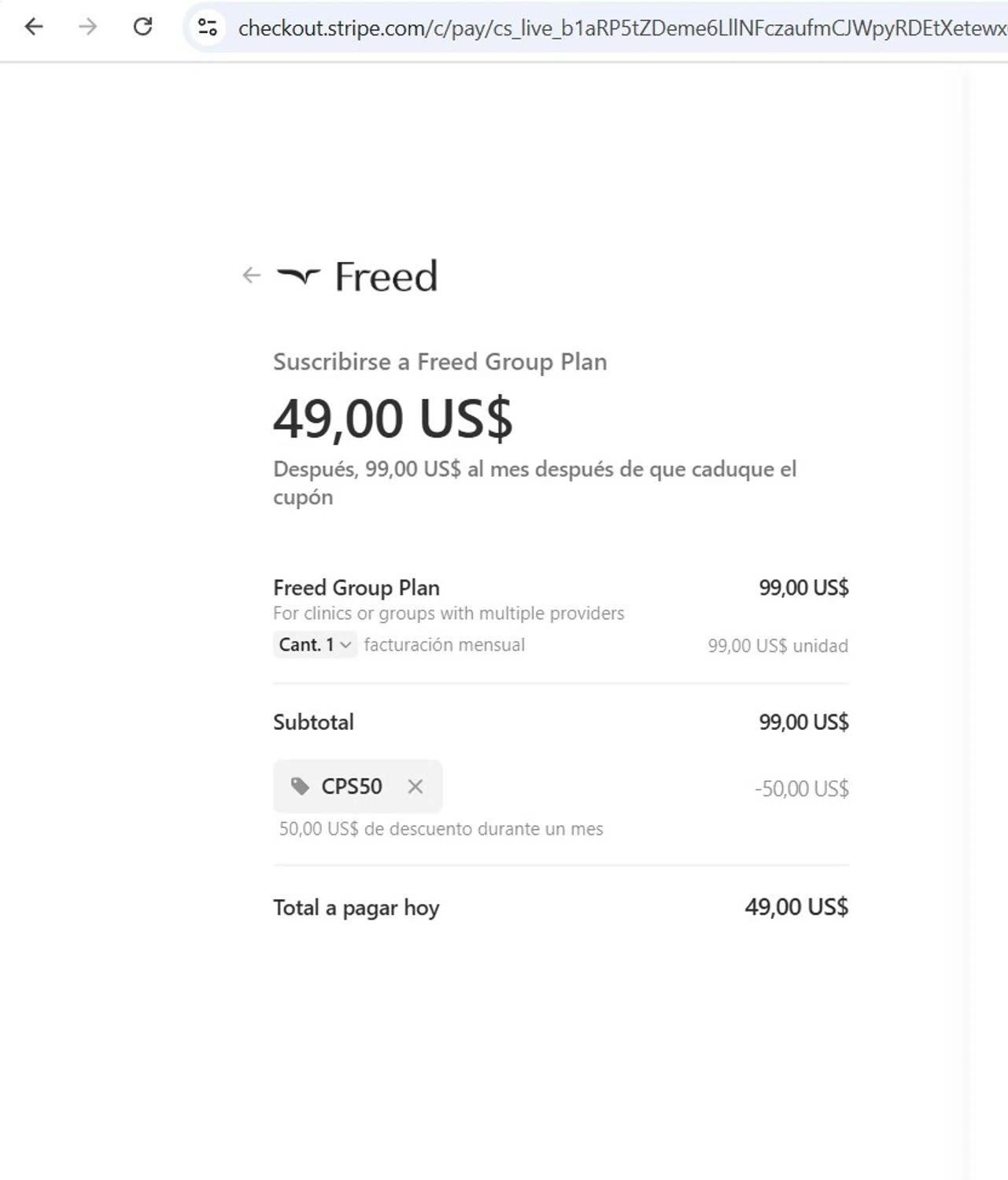 Freed discount code screenshot showing code CPS50 applied at Freed checkout page. Uploaded by SimplyCodes community member Milaya on Apr 5, 2025