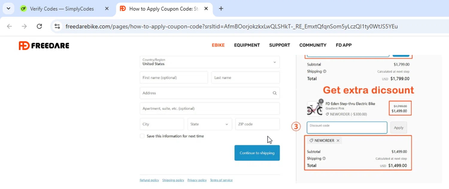 Freedare Bike promo code screenshot showing code NEWORDER applied at Freedare Bike checkout page. Uploaded by SimplyCodes community member Paolita on Sep 25, 2025