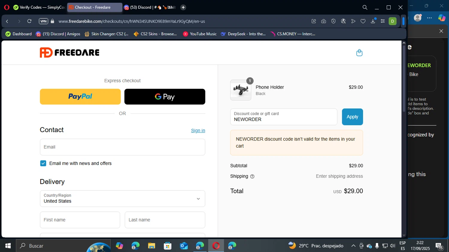 Freedare Bike promo code screenshot showing code NEWORDER applied at Freedare Bike checkout page. Uploaded by SimplyCodes community member TuAmigoRed on Sep 17, 2025