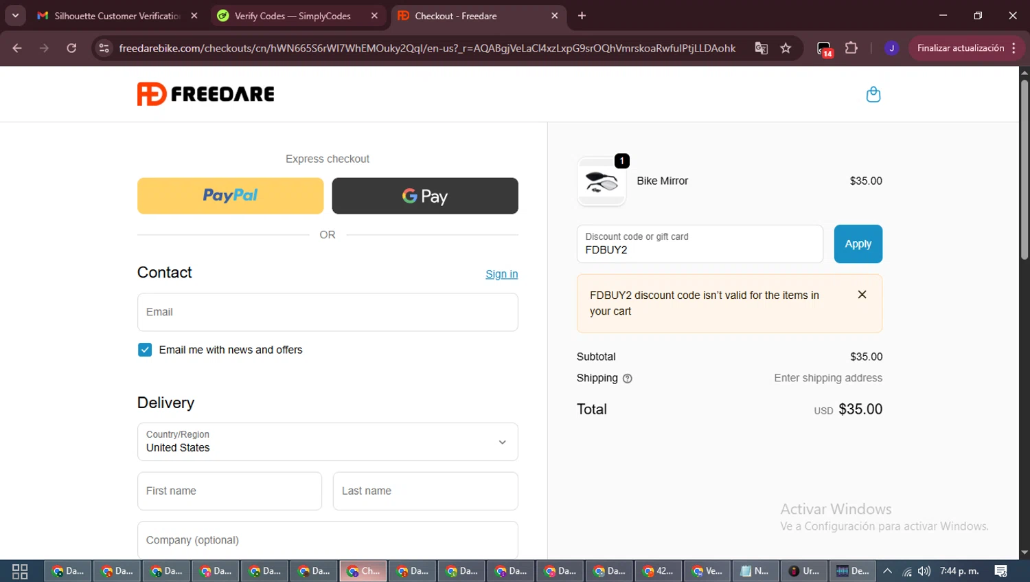 Freedare Bike promo code screenshot showing code FDBUY2 applied at Freedare Bike checkout page. Uploaded by SimplyCodes community member LegendaryLegend9872 on Dec 5, 2025
