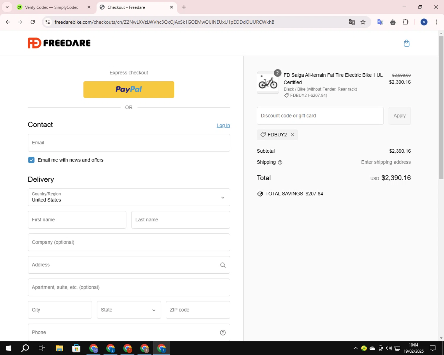 Freedare Bike promo code screenshot showing code FDBUY2 applied at Freedare Bike checkout page. Uploaded by SimplyCodes community member ExtraordinarySleuth4345 on Feb 19, 2025