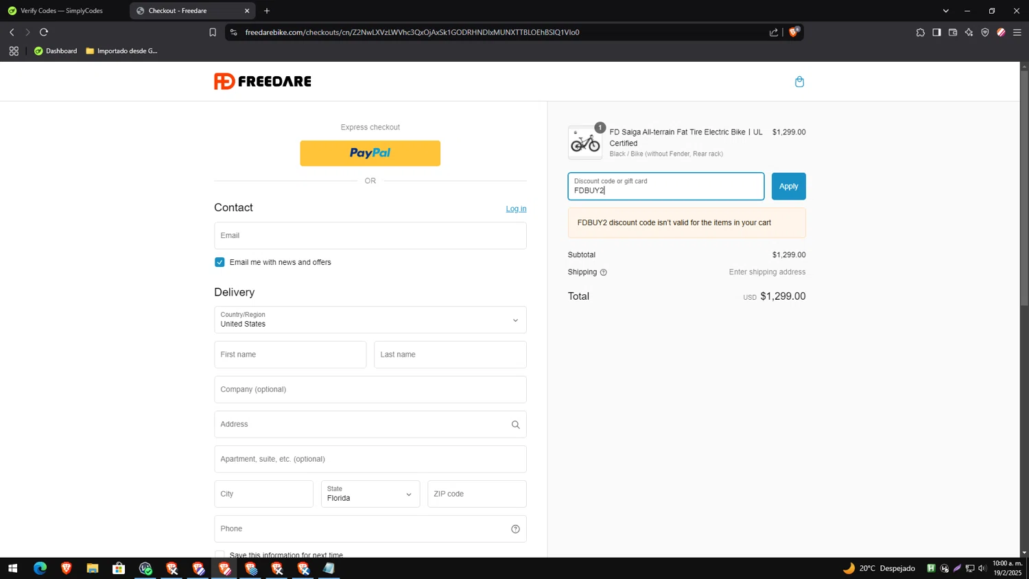 Freedare Bike promo code screenshot showing code FDBUY2 applied at Freedare Bike checkout page. Uploaded by SimplyCodes community member CleverTracker4432 on Feb 19, 2025
