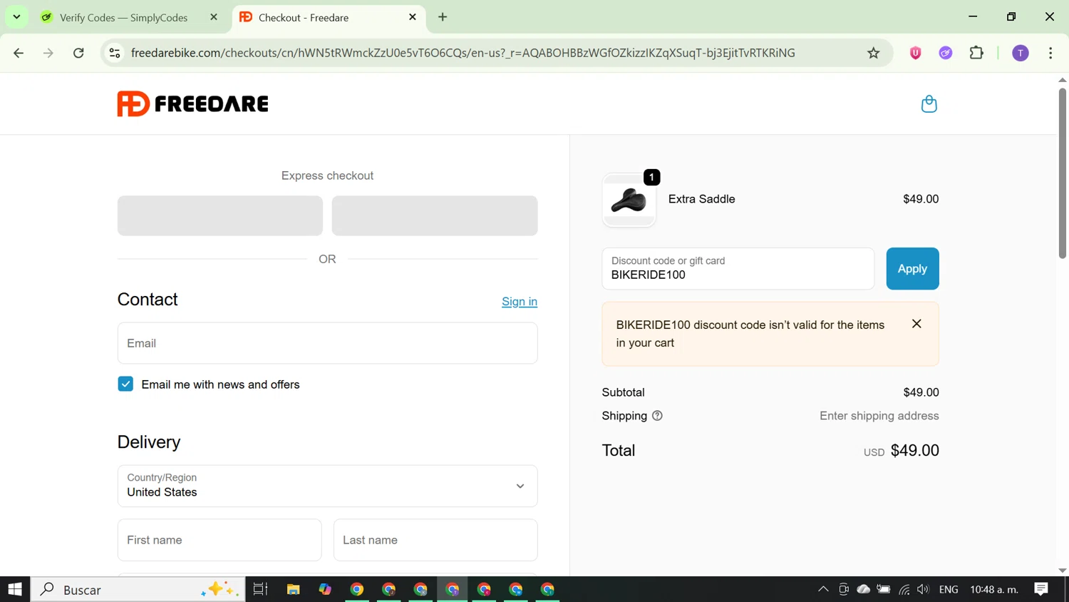 Freedare Bike promo code screenshot showing code BIKERIDE100 applied at Freedare Bike checkout page. Uploaded by SimplyCodes community member FortunateCurator5882 on Nov 30, 2025