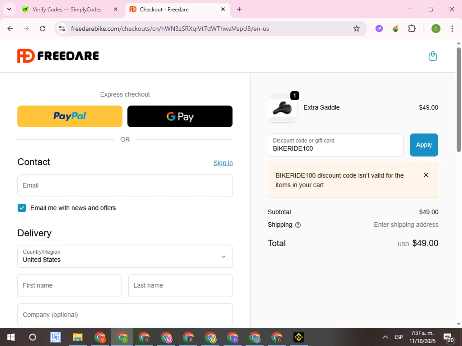 Freedare Bike promo code screenshot showing code BIKERIDE100 applied at Freedare Bike checkout page. Uploaded by SimplyCodes community member RoyalKnight4673 on Oct 11, 2025