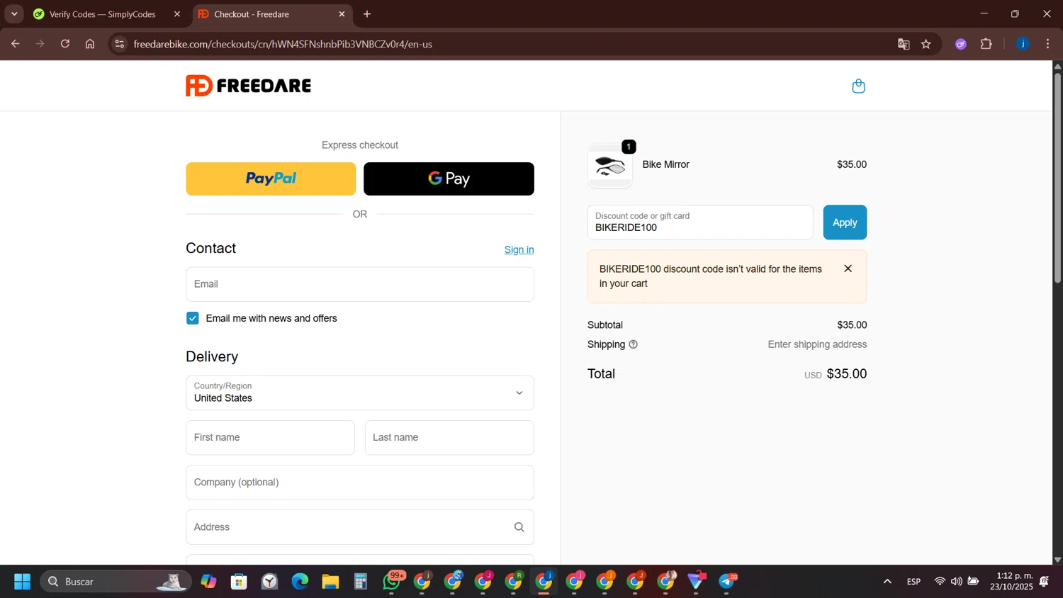 Freedare Bike promo code screenshot showing code BIKERIDE100 applied at Freedare Bike checkout page. Uploaded by SimplyCodes community member yameteqdasai on Oct 23, 2025