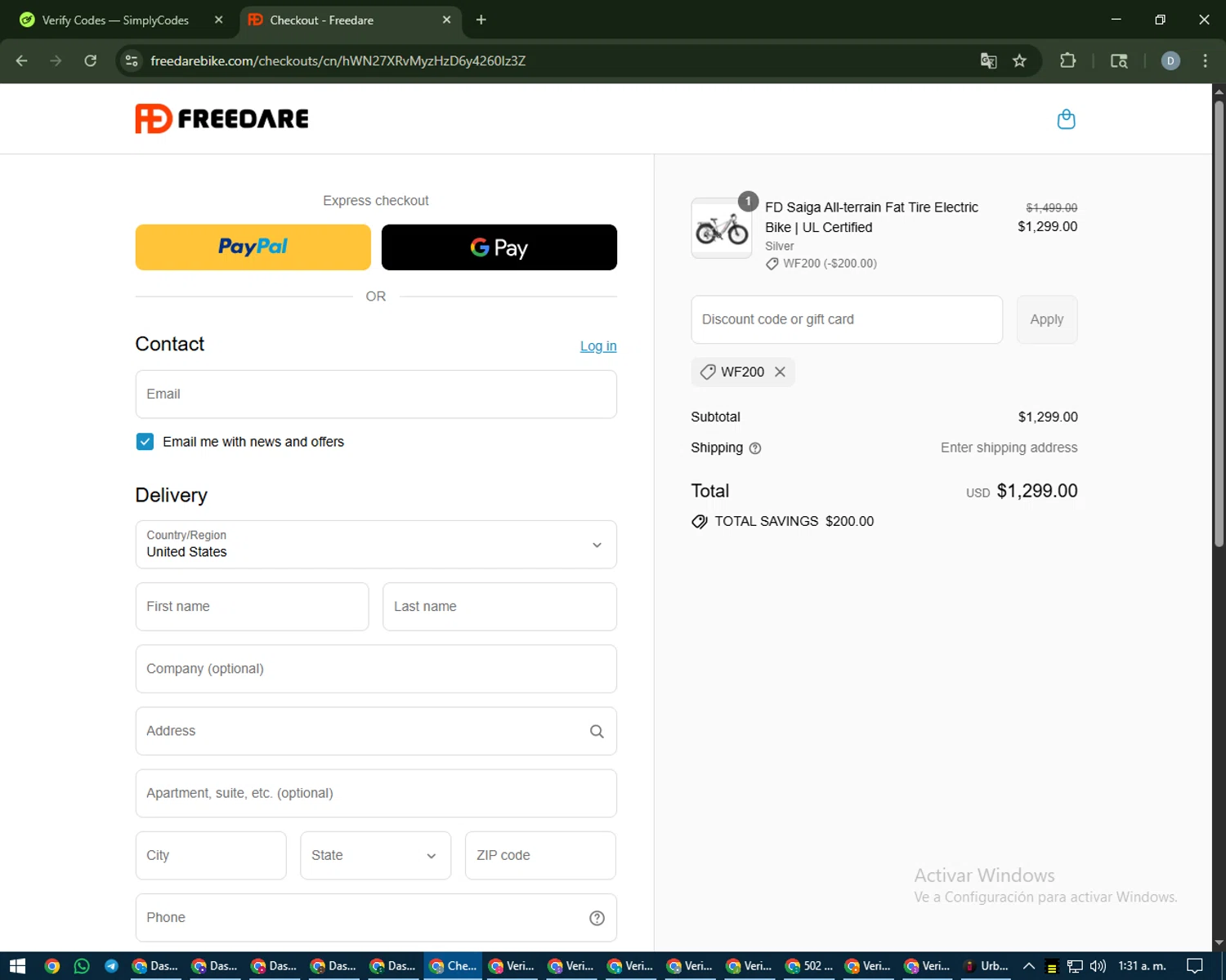 Freedare Bike promo code screenshot showing code WF200 applied at Freedare Bike checkout page. Uploaded by SimplyCodes community member CleverCurator2558 on Aug 23, 2025