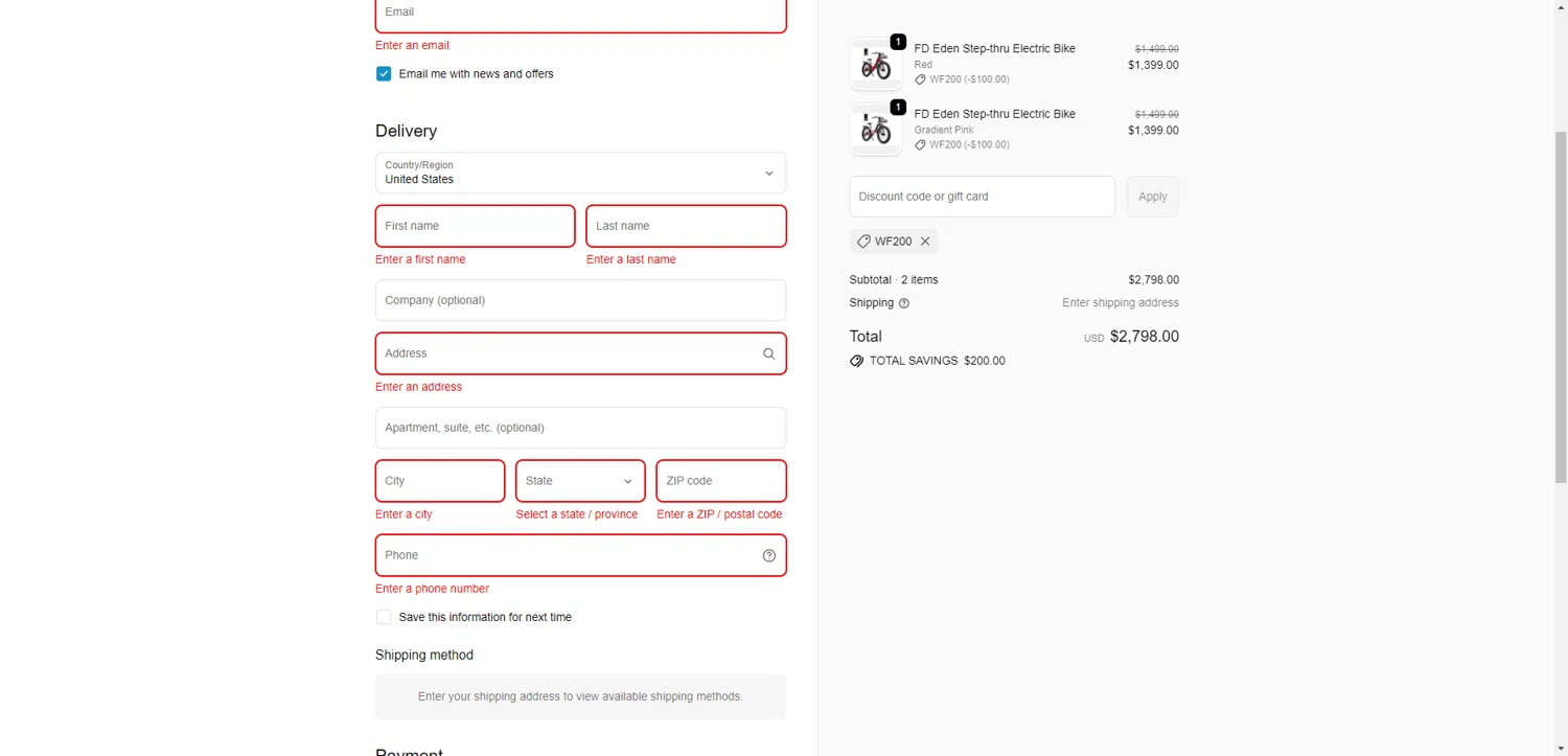 Freedare Bike promo code screenshot showing code WF200 applied at Freedare Bike checkout page. Uploaded by SimplyCodes community member EpicEagle816 on Dec 5, 2025