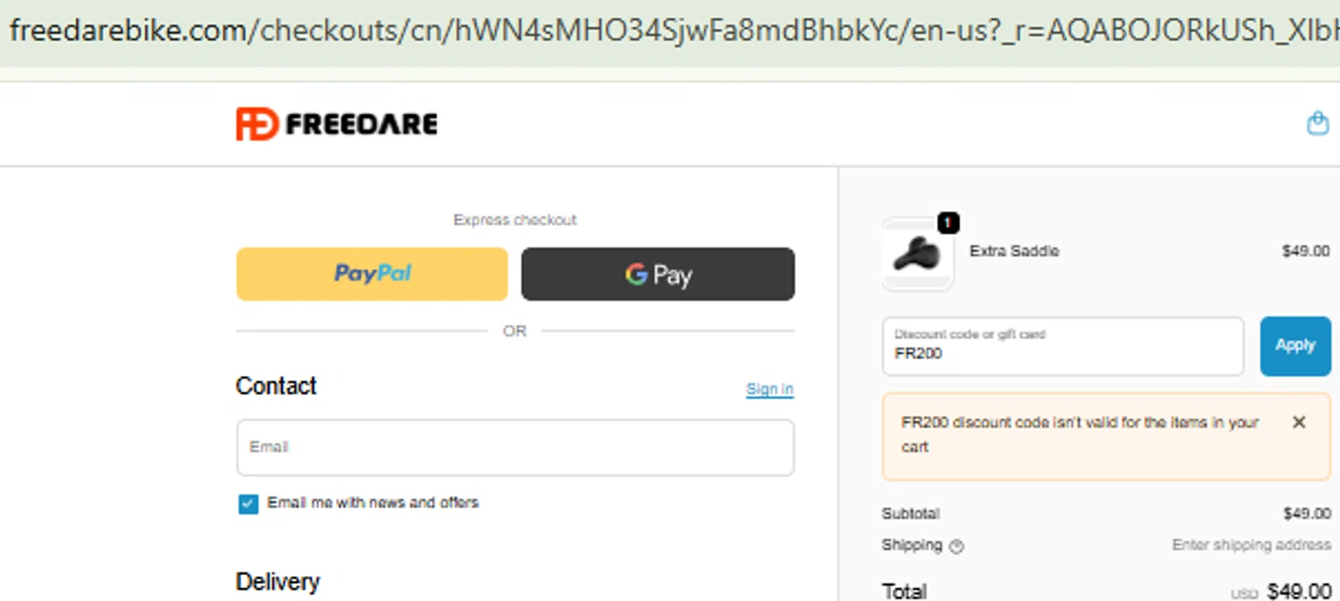 Freedare Bike promo code screenshot showing code FR200 applied at Freedare Bike checkout page. Uploaded by SimplyCodes community member CashMaestro9337 on Nov 3, 2025