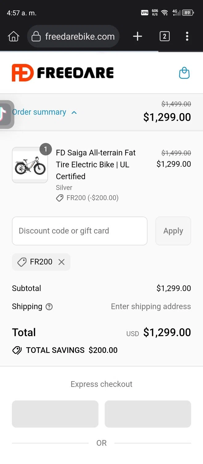 Freedare Bike promo code screenshot showing code FR200 applied at Freedare Bike checkout page. Uploaded by SimplyCodes community member GumballWatterson on Aug 31, 2025