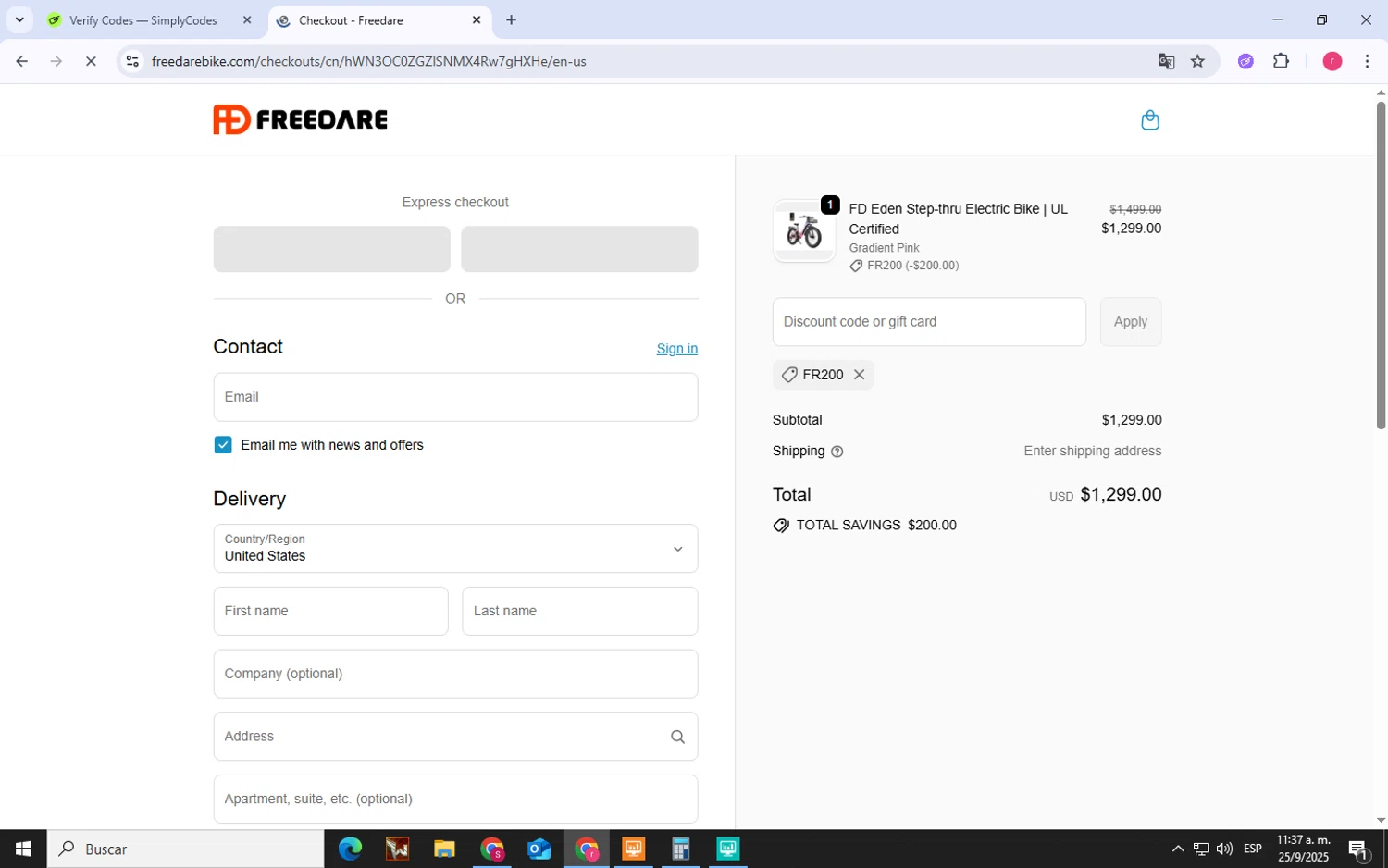 Freedare Bike promo code screenshot showing code FR200 applied at Freedare Bike checkout page. Uploaded by SimplyCodes community member LegendaryWhiz3517 on Sep 25, 2025
