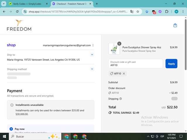 Freedom Deodorant checkout page showing Freedom Deodorant coupon code box | Screenshot taken by SimplyCodes community member on Sep 7, 2025