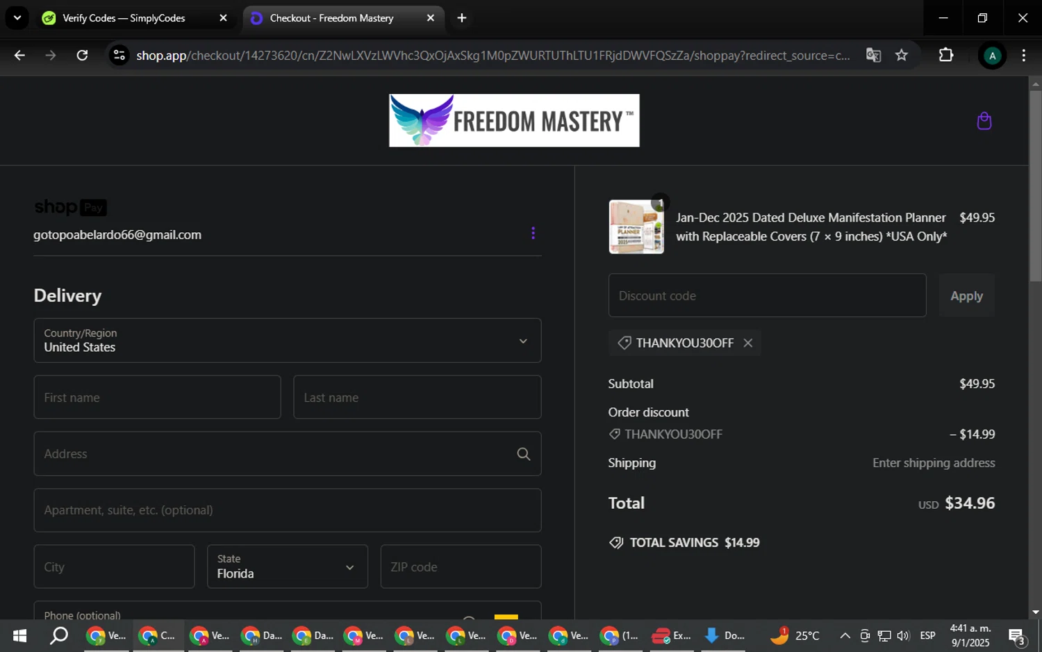 Freedom Mastery promo code screenshot showing code THANKYOU30OFF applied at Freedom Mastery checkout page. Uploaded by SimplyCodes community member HAOJIN on Jan 9, 2025