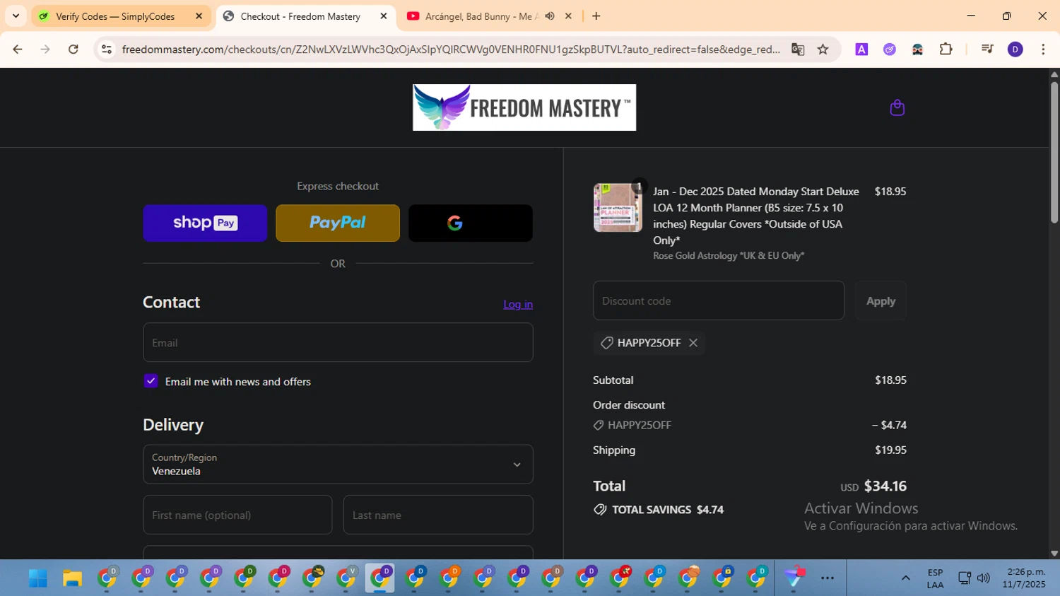 Freedom Mastery promo code screenshot showing code HAPPY25OFF applied at Freedom Mastery checkout page. Uploaded by SimplyCodes community member MagnificentFinder9583 on Jul 11, 2025
