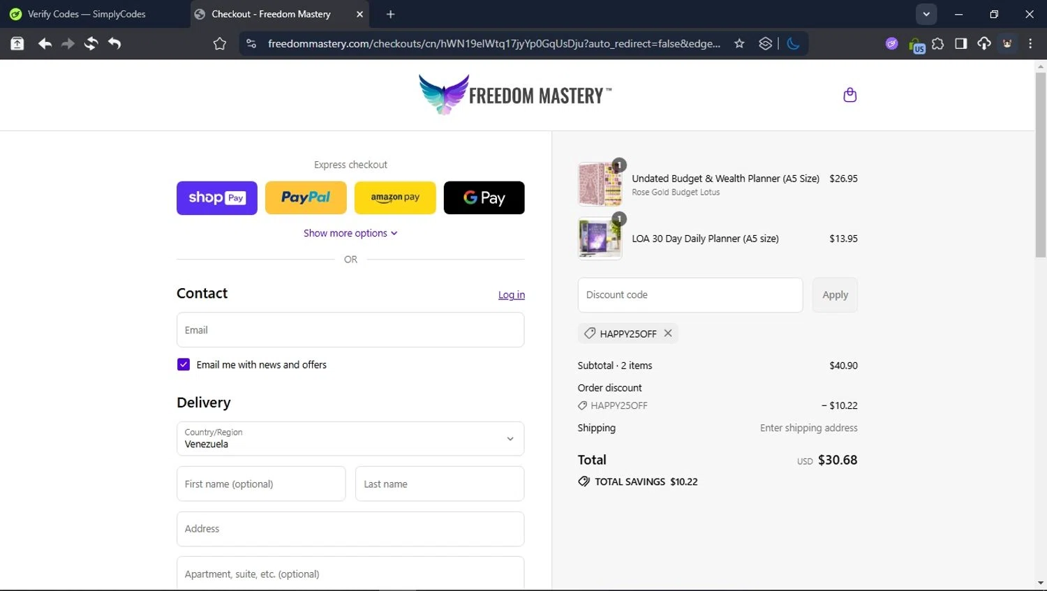Freedom Mastery promo code screenshot showing code HAPPY25OFF applied at Freedom Mastery checkout page. Uploaded by SimplyCodes community member USER_RANDON on Jul 28, 2025