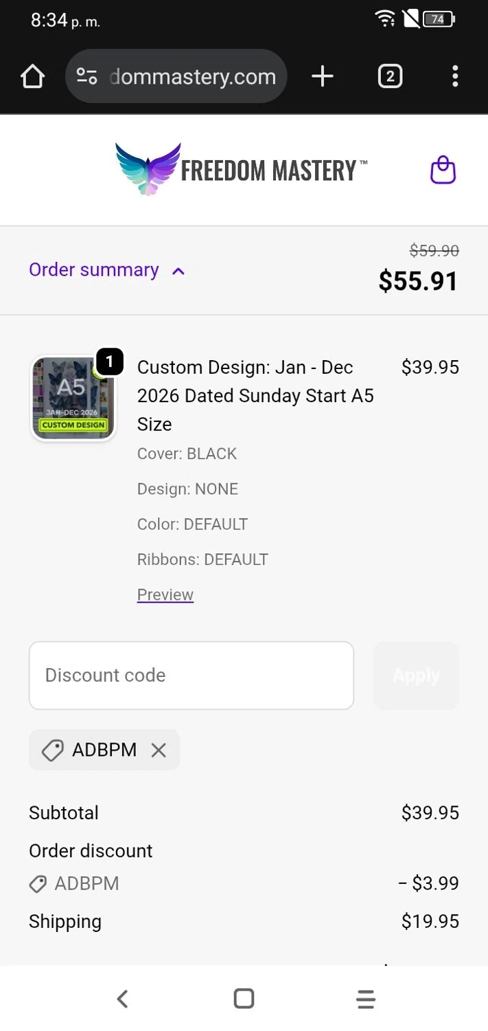 Freedom Mastery promo code screenshot showing code ADBPM applied at Freedom Mastery checkout page. Uploaded by SimplyCodes community member RoyalSpotter5217 on Nov 12, 2025