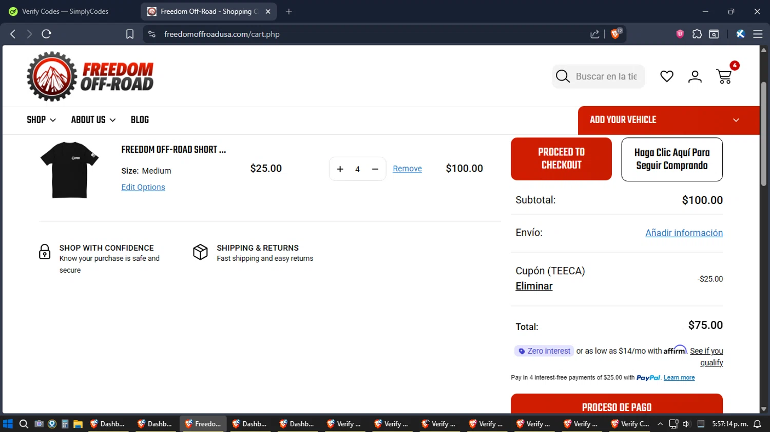Freedom Off-Road coupon code screenshot showing code TEECA applied at Freedom Off-Road checkout page. Uploaded by SimplyCodes community member Jgomez on Dec 23, 2025