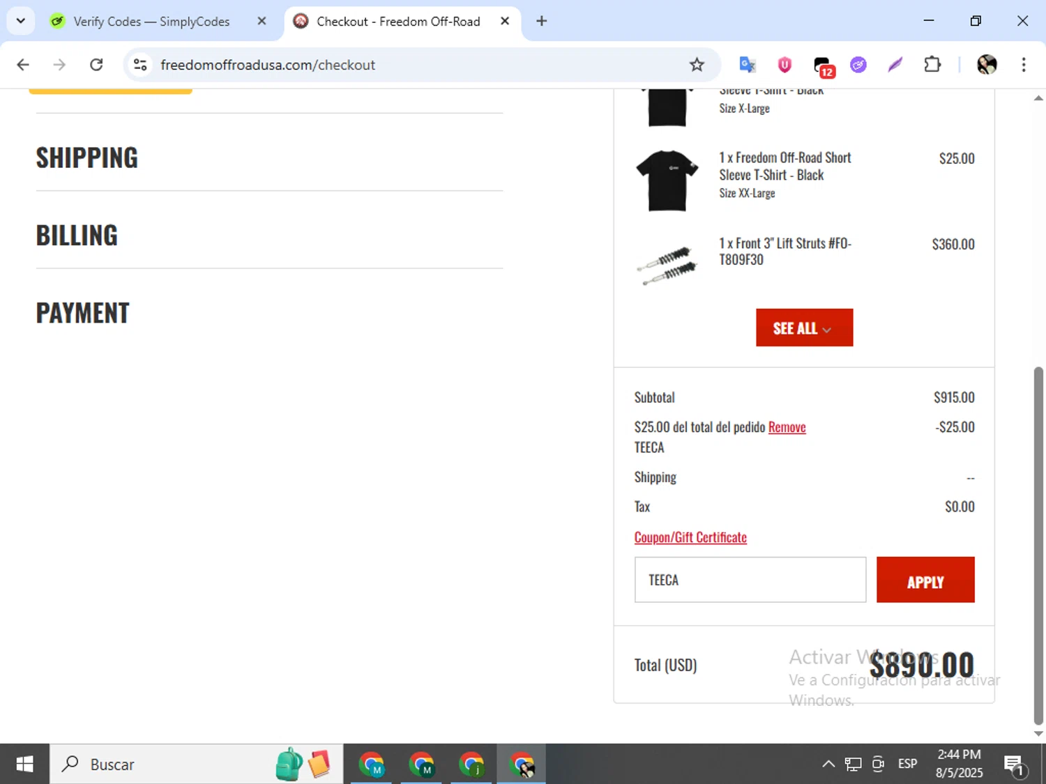Freedom Off-Road checkout page showing Freedom Off-Road coupon code box | Screenshot taken by SimplyCodes community member on Aug 5, 2025