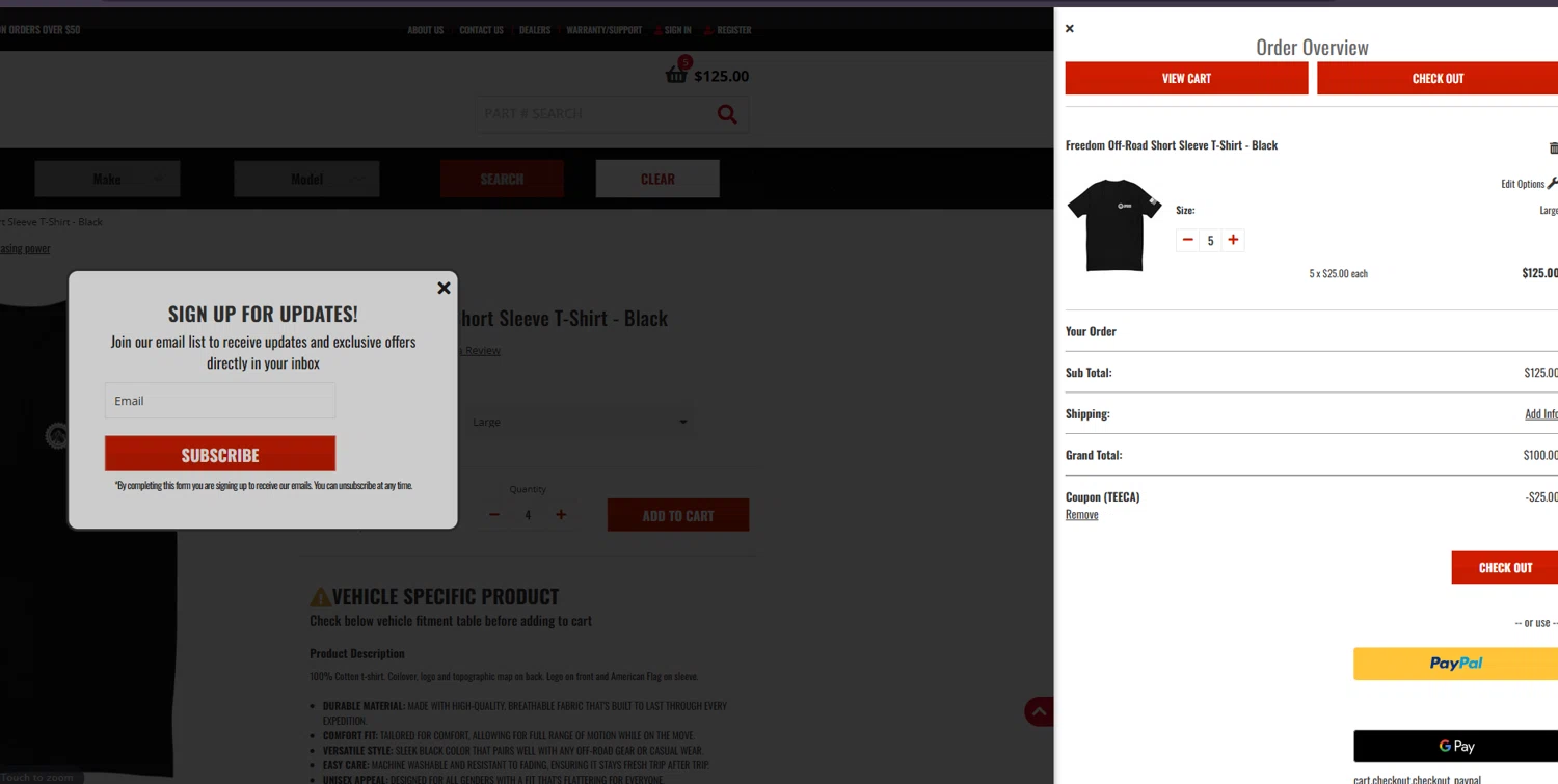 Freedom Off-Road coupon code screenshot showing code TEECA applied at Freedom Off-Road checkout page. Uploaded by SimplyCodes community member suppahdealz on Oct 29, 2025