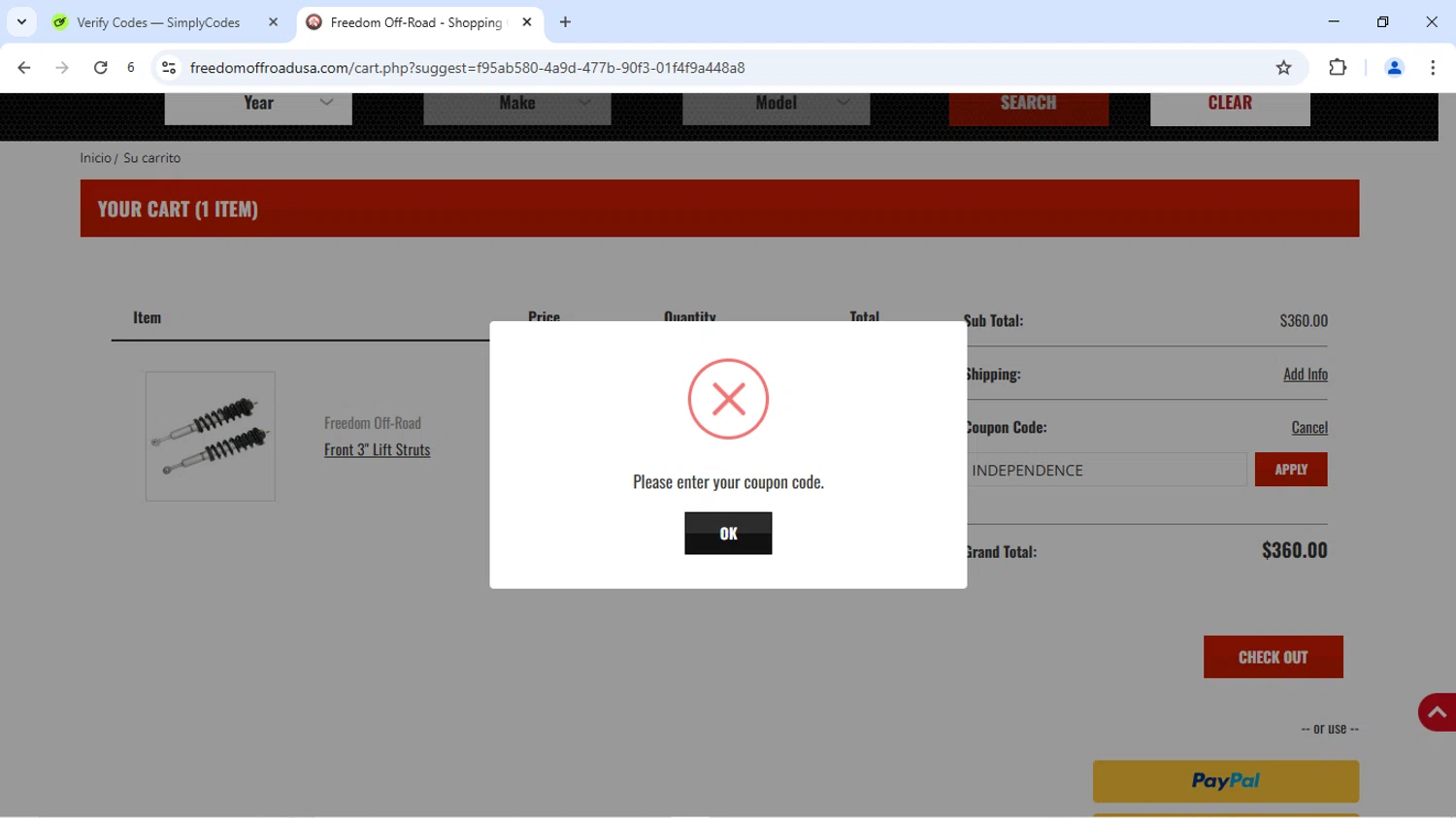Freedom Off-Road coupon code screenshot showing code INDEPENDENCE applied at Freedom Off-Road checkout page. Uploaded by SimplyCodes community member Livingston on Jul 15, 2025