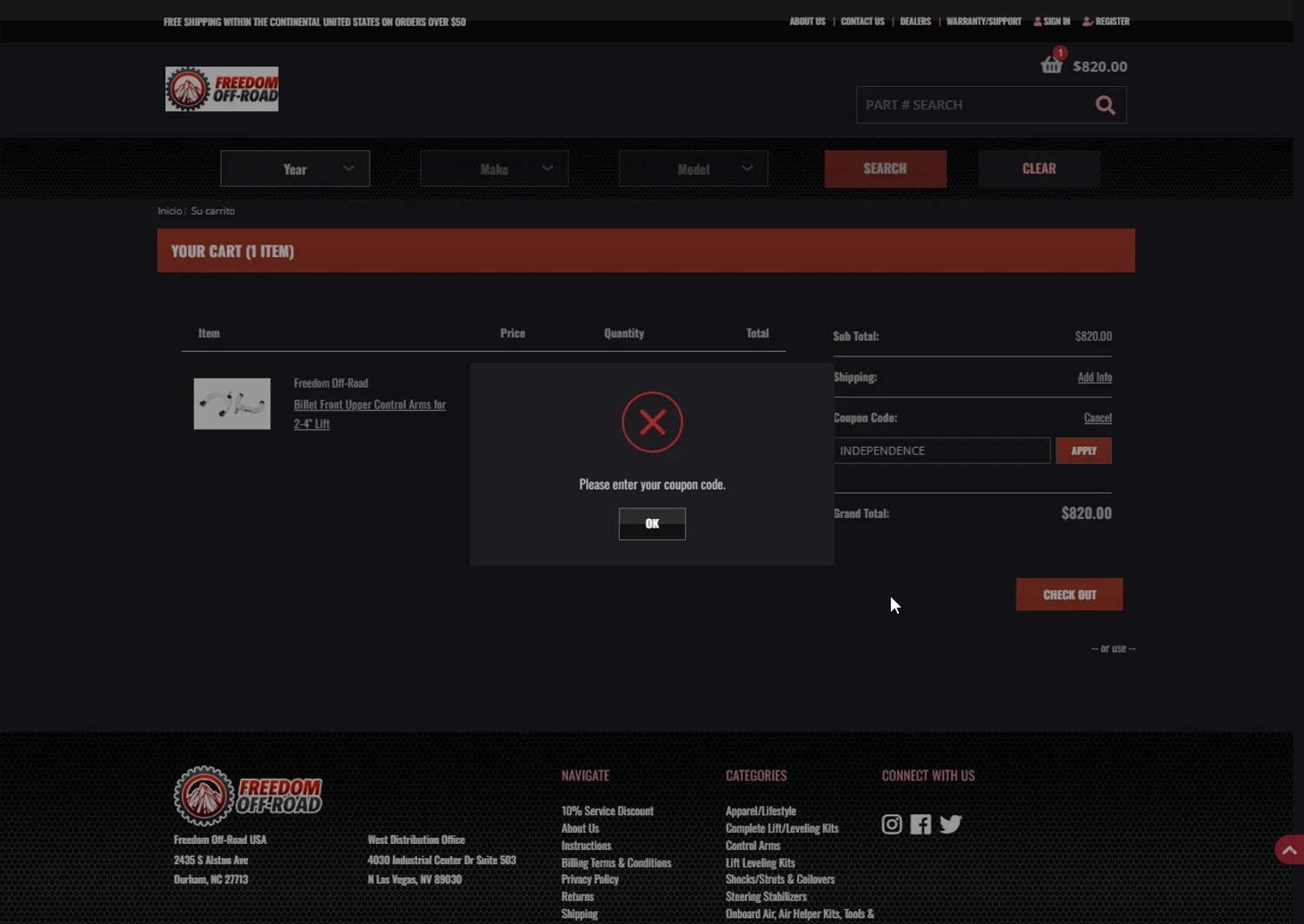 Freedom Off-Road coupon code screenshot showing code INDEPENDENCE applied at Freedom Off-Road checkout page. Uploaded by SimplyCodes community member Heibk201 on Jul 15, 2025