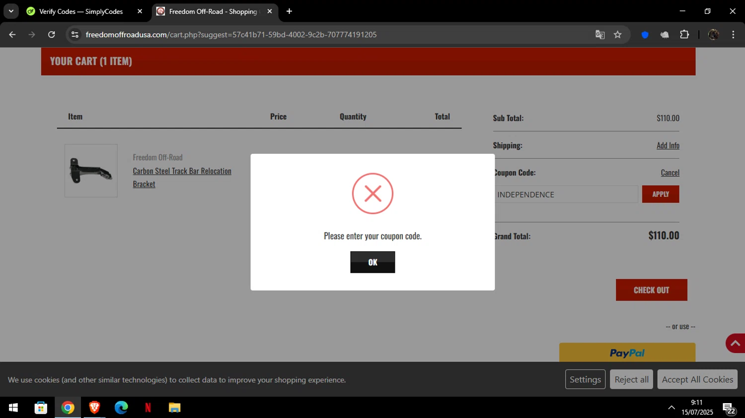 Freedom Off-Road coupon code screenshot showing code INDEPENDENCE applied at Freedom Off-Road checkout page. Uploaded by SimplyCodes community member Luckystrike on Jul 15, 2025