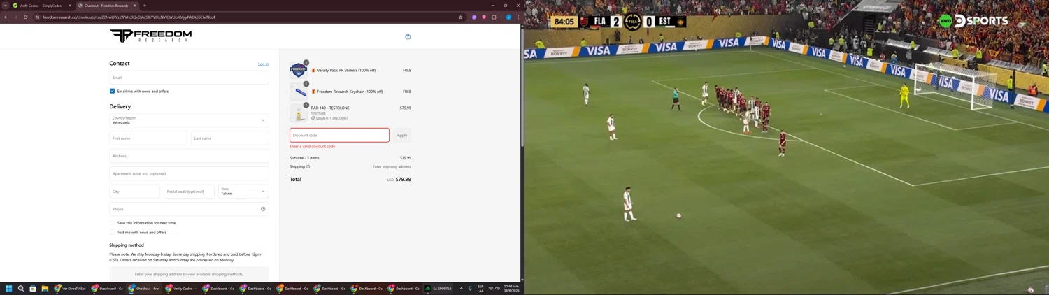 Freedom Research discount code screenshot showing code DAD20 applied at Freedom Research checkout page. Uploaded by SimplyCodes community member BargainGuardian280 on Jun 17, 2025