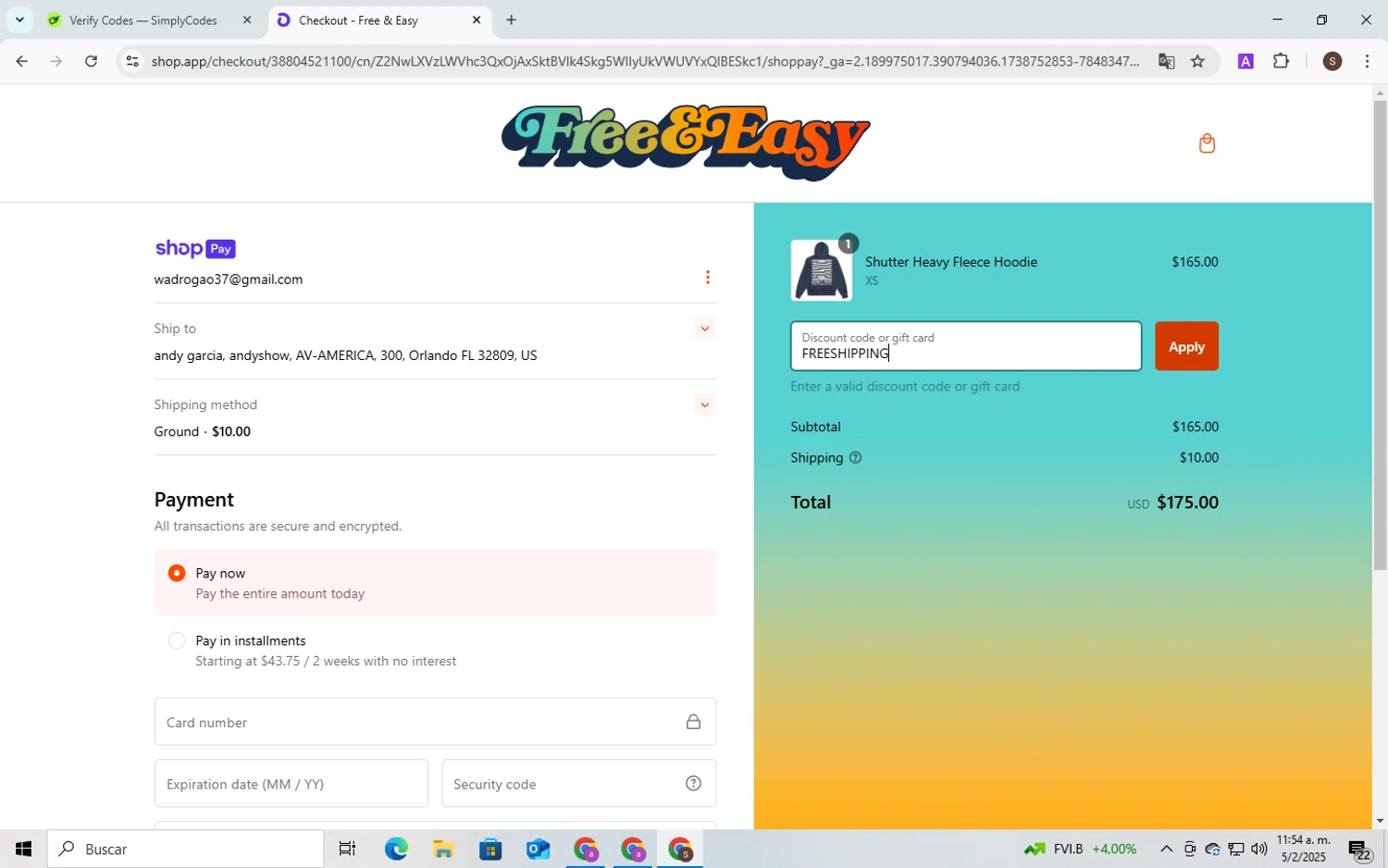 Free & Easy discount code screenshot showing code FREESHIPPING applied at Free & Easy checkout page. Uploaded by SimplyCodes community member QuestPhoenix2794 on Feb 5, 2025