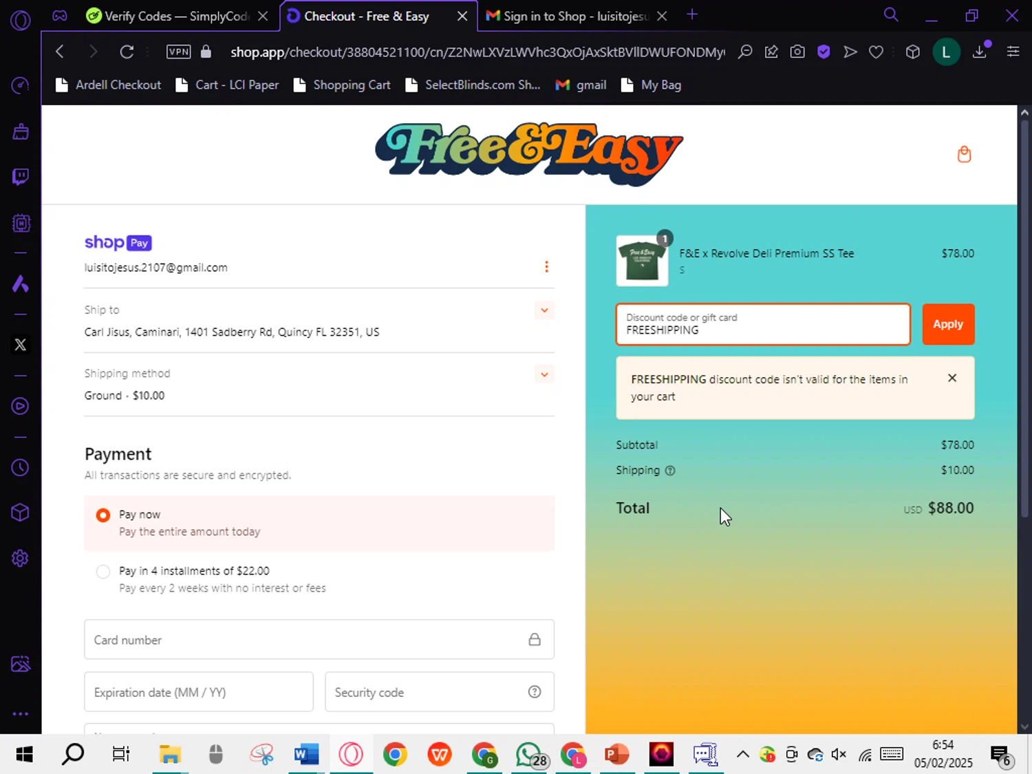 Free & Easy discount code screenshot showing code FREESHIPPING applied at Free & Easy checkout page. Uploaded by SimplyCodes community member DiscountTiger7720 on Feb 5, 2025